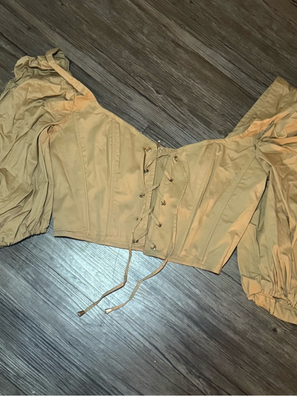 Oh Polly Tan Puff Sleeve Lace-Up Corset Crop Top